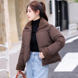 멜라드 레트로 배색 양털 카라 여성 겨울 패딩 점퍼 숏패딩 데일리 아우터