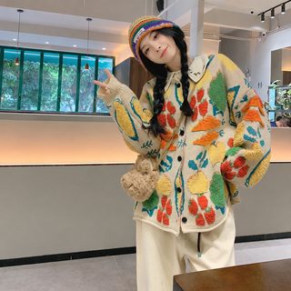 2024秋冬新款宽松原创针织开衫重工提花保暖外套撞色森系毛衣女