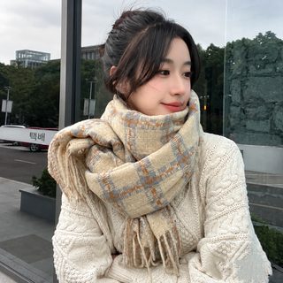 2023 학원풍 소향풍 체크 수술 목도리 여자 가을 겨울 모조 캐시미어 숄 보온
