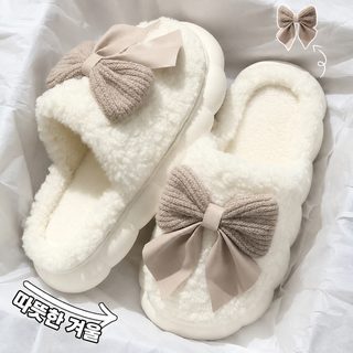 면 슬리퍼 여자 가을 겨울 집 미끄럼 방지 보온 2024 신상 귀여운 털털 리본