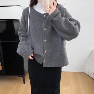 여성 가을 겨울 울 니트 가디건 루즈핏 라운드넥 단추 긴팔 무지 아우터