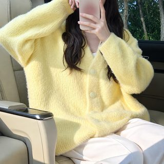 라지 핏 두꺼운 미디엄 롱 스윗 크림 니트 카디건 여자 가을 겨울 새 한국판