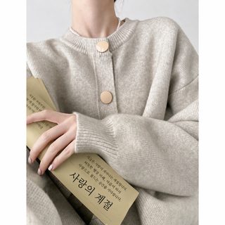 여성 니트 가디건 단추 오픈형 루즈핏 라운드넥 긴팔 데일리 가을 겨울 상