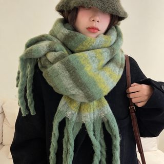 여성 체크 앙고라 머플러 겨울 보온 빈티지 태슬 숄 그린 목도리