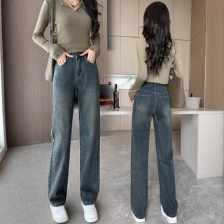 高腰窄版牛仔裤女秋冬新款150小个子显高宽松显瘦垂感直筒阔腿裤