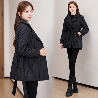 여성 블랙 롱 누빔 솜 코트 벨트 슬림핏 허리라인 체형커버 겨울 아우터