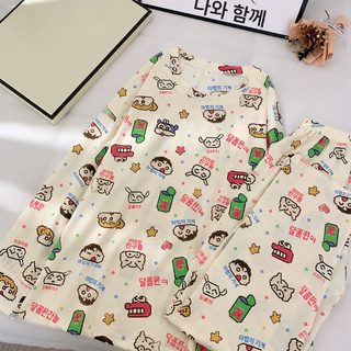 여성 봄가을 딸기 곰 카툰 프린트 긴팔 루즈핏 잠옷 세트 홈웨어