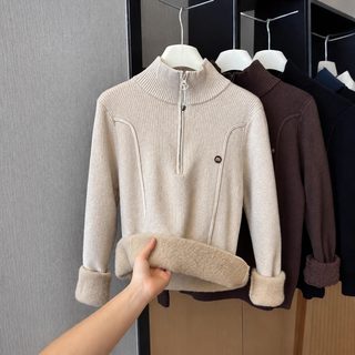 加厚立领半开领拉链一体绒高领毛衣女冬季新款内搭加绒针织衫上衣