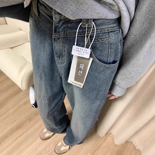 여성 빈티지 블루 하이웨스트 와이드 일자 청바지 봄가을 빅사이즈 루즈핏