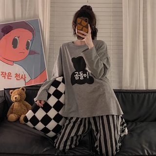 여성 봄가을 긴팔 딸기곰 캐릭터 프린트 루즈핏 투피스 잠옷 홈웨어