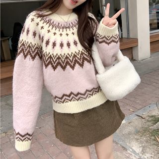 빈티지 자카드 겨울 신상 니트 나른한 바람 넉넉하고 보온 겉옷 입고 부드