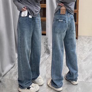빈티지 블루 와이드 청바지 여성 춘추 신상 하이웨스트 와이드 사이즈 날씬하고 뚱뚱해 보이는 mm 배 모양 몸매 스트레이트 팬츠