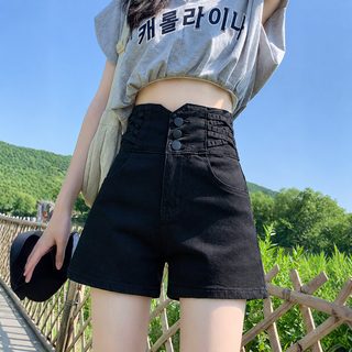 스판 블랙 데님 반바지 여자 가을 겨울 큰 사이즈 뚱뚱 mm 겉옷 단추 수복 초고허리 와이드 다리 a자 핫팬츠