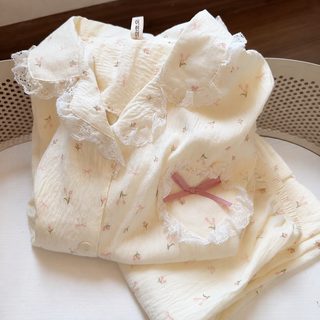 일본계 꽃무늬 잠옷 여자 봄 가을 신상 구름솜 귀여운 레이스 카디건 긴팔