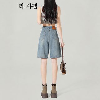 하이웨스트 5 부 데님 반바지 여성 여름 2025 트렌드 신상 와이드 스트레이트 작은 키 5 부 미디엄 팬츠