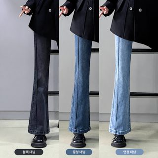 배 모양 몸매 마이크로 라진 여자 봄 신상 큰 사이즈 뚱뚱 mm 허리 가랑이 가려 날씬하고 탄력 있는 나팔 긴 바지