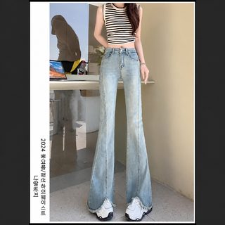 하이웨스트 마이크로 나팔바지 봄 여름 얇은 여자 2025 신상 모서리 트임 접합 디자인 스키니 진 긴 바지