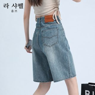 여성 하이웨이스트 스트레이트 데님 5부 반바지 빈티지 블루 빅사이즈