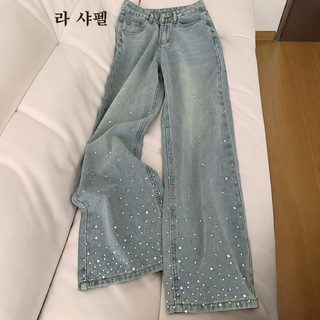 옅은 색 파마 와이드 청바지 여자 봄 2025 트렌드 백합 신상 디자인감 하이웨스트 날씬해 보이는 통바지