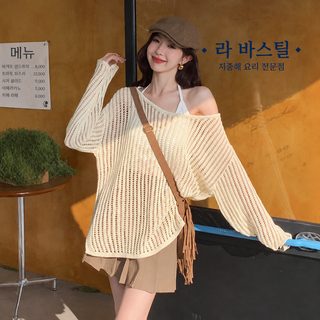 여성 여름 시스루 니트 커버업 루즈핏 오프숄더 긴팔 그물 니트