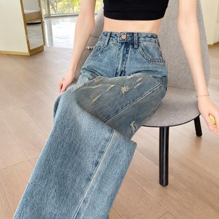 찢어진 와이드 팬츠 여성 하이웨스트 춘추 트렌드 백합 신상 헐렁헐렁 가랑이 가려져 날씬해 보이는 통바지