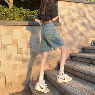 명장 여성 빈티지 블루 데님 5부 반바지 하이웨스트 A라인 와이드 팬츠
