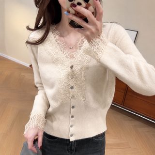 프렌치 레이스 브이넥 스웨터 여자 가을 겨울 신상 패션 분위기 디자인감