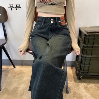 가랑이 가리고 허리 넓고 다리 넓은 청바지 여자 춘추 2025 신상 더블 단추 와이드 배형 몸매 시멘트 회색 스트레이트 팬츠
