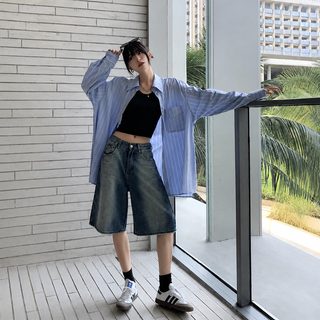 여성 레트로 워싱 데님 5부 반바지 하이웨스트 와이드 스트레이트 루즈핏