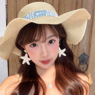 꽃무늬 옷감 리본 전원풍 차양 밀짚모자 여름 해변 자외선 차단 밀짚모자
