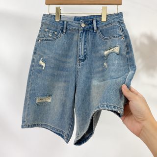찢어진 스트레이트 데님 오분바지 여자 여름 신상 한국판 하이웨이스트 와이드 미니 A자 반바지 와이드 미디엄 팬츠