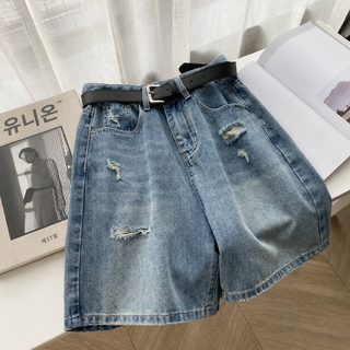 破洞牛仔短裤女夏季2025新款大码胖妹妹显瘦直筒中裤高腰五分热裤