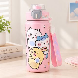 치이카와 캐릭터 600ml 보온병 손잡이 빨대 원터치 뚜껑 휴대용 누수방지 텀