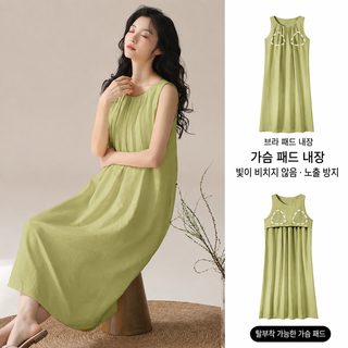 여성 여름 롱 원피스 잠옷 가슴패드 민소매 라운드넥 홈웨어 빅사이즈