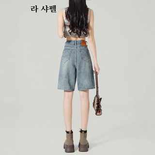 여성 하이웨스트 5부 데님 반바지 여름 와이드핏 일자 청반바지 키작녀 팬