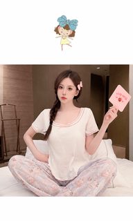 여름 여성 면 반팔 짧은 + 긴 바지 3종 세트 캐릭터 프린트 가정복 겉으로 얇