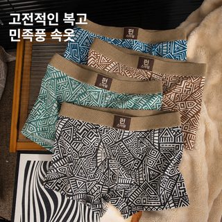 남성 코튼 드로즈 기하학 패턴 민족풍 사계절 통기성 미드라이즈 사각팬티