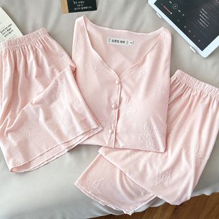 여름 신상 잠옷녀 모달 V넥 카디건 나비 엠보 밴드 브래지어 3종 세트 외장