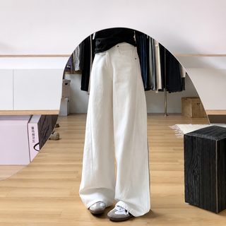 흰색 와이드 데님 진 여자 여름 큰 사이즈 뚱뚱 mm 하이웨스트 와이드 날씬해 보이는 배 모양 몸매 굽은 칼 바닥 끌기 바지