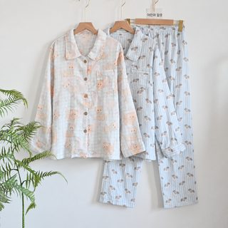 맞춤형 순면 거즈 잠옷 여성 봄여름 얇은 이중 면사 긴팔 긴바지 가정복 나