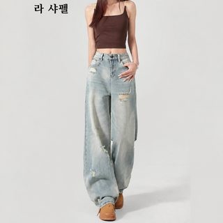 蓝色高腰阔腿牛仔裤女2025夏季潮流百搭新款薄款水洗破洞宽松裤子