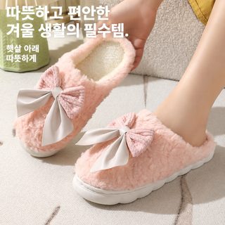 크로스보더 리본 면 슬리퍼 여자 가을 겨울 실내 두꺼운 바닥 미끄럼 방지