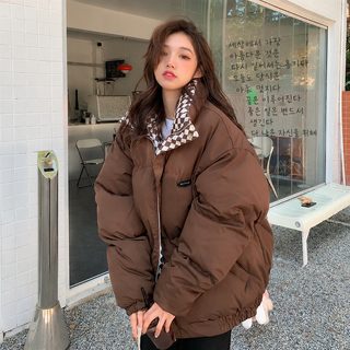 바둑판 격자 솜옷 외투 여자 겨울 복고 항풍 두께 느슨한 빵복 소중 디자인감 원숙 면복 붐