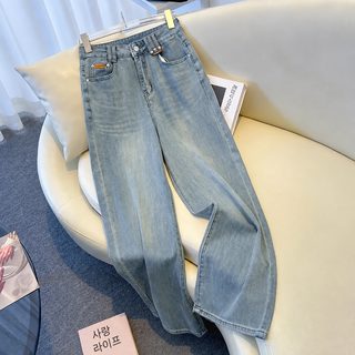 여성 여름 얇은 와이드 데님 팬츠 하이웨이스트 9부 스트레이트핏 출근용