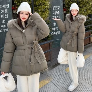 冬季设计感加厚系带连帽中长款棉衣女2025新款时尚保暖宽松上衣