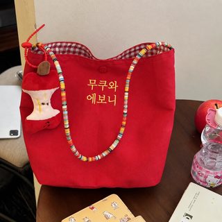빨간색 체크 캔버스 가방 대용량 휴대용 한국계 나른한 바람 통근 외출 백