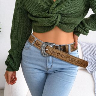 갈색 무늬 작은 바늘 단추 허리띠 구미풍 매운 여자 일상 통근 프린트 도안