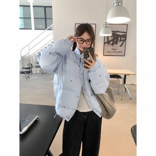 2025 겨울 여성 리본 포인트 스트라이프 도톰한 루즈핏 패딩 재킷