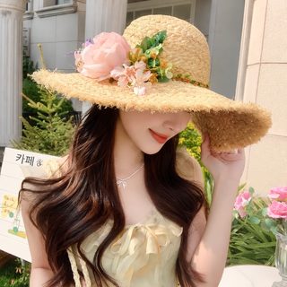 장미 장식 라피 편모 자녀 여름 챙 차양 선캡 해변 분위기감 포토캡