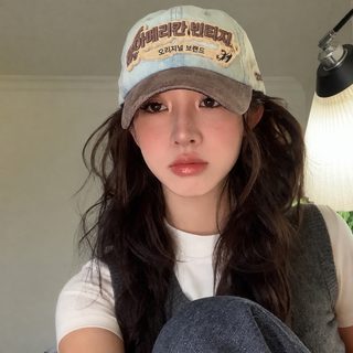 미국식 빈티지 알파벳 낡은 오리털모자 커플 백합 차양모 큰 머리 두른 얼